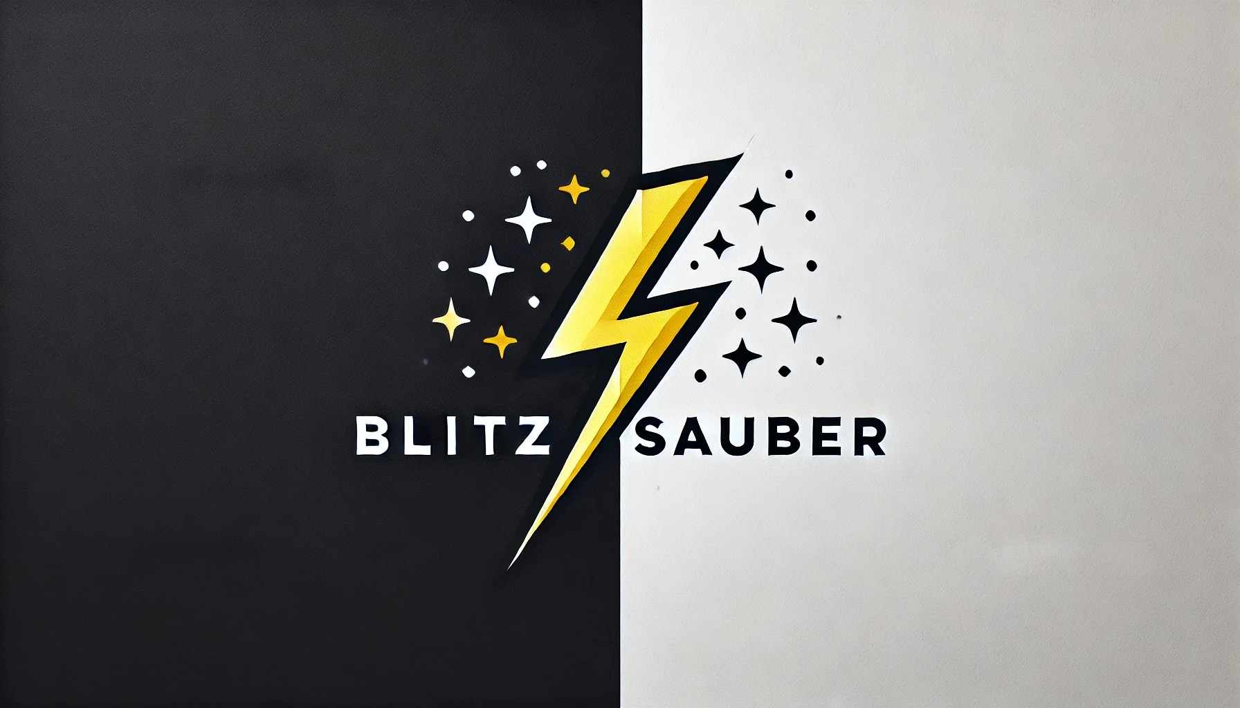 Lightning bolt divides a black and white background with the word Blitzsaubeer in a modern font, suggesting energy and cleanliness in a bold and dynamic style